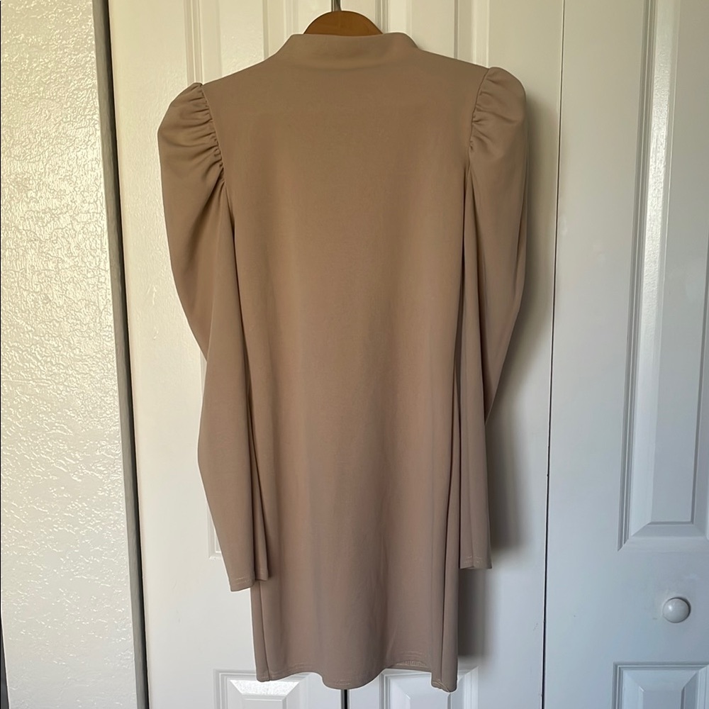Cream Mini Sheath Dress with Long Puff Sleeves and Mock Neck